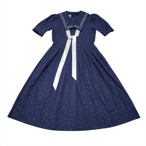 Laura Ashley Vintage 80's Midi Sailor Dress 10 Navy Polka Dot Short Sleeve - Picture 3 of 13